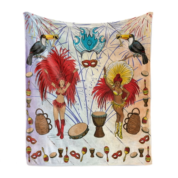 Brazil Soft Flannel Fleece Throw Blanket, Rio Carnival Themed Composition with Samba Girls and Musical Instruments Print, Cozy Plush for Indoor and Outdoor Use, 50" x 70", Multicolor, by Ambesonne
