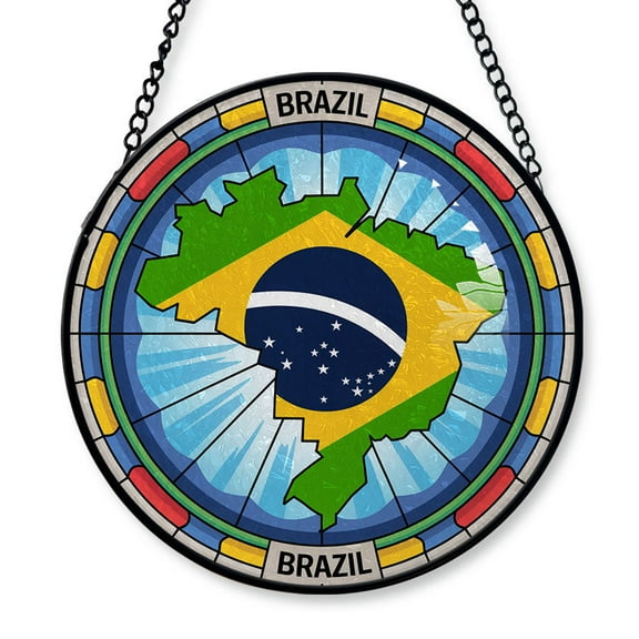 Brazil Travel Decor Suncatcher Stained Glass Window Hanging, Gift for Traveller, Collection of Country Travel Souvenirs for Family and Friends, Brazil Map and Flag Décor