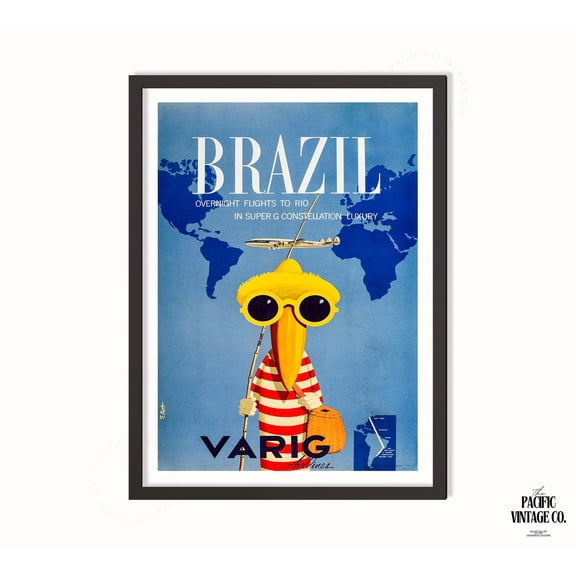 Brazil Varig Airlines Vintage Poster, Rio De Janeiro Travel Print, Unframed Paper Poster 8x10in
