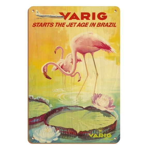 Brazil - Varig starts the Jet Age in Brazil - Pink Flamingos (Flamingo Rosados) - Varig Airlines - Vintage Airline Travel Poster c.1970 - 8 x 12 inch Vintage Wood Art Sign