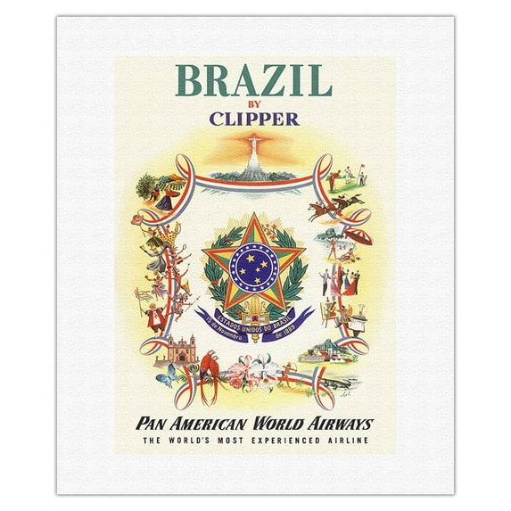 Brazil by Clipper - Pan American World Airways - Vintage Airline Travel Poster by Alajor c.1951 - Fine Art Rolled Canvas Print 16in x 20in