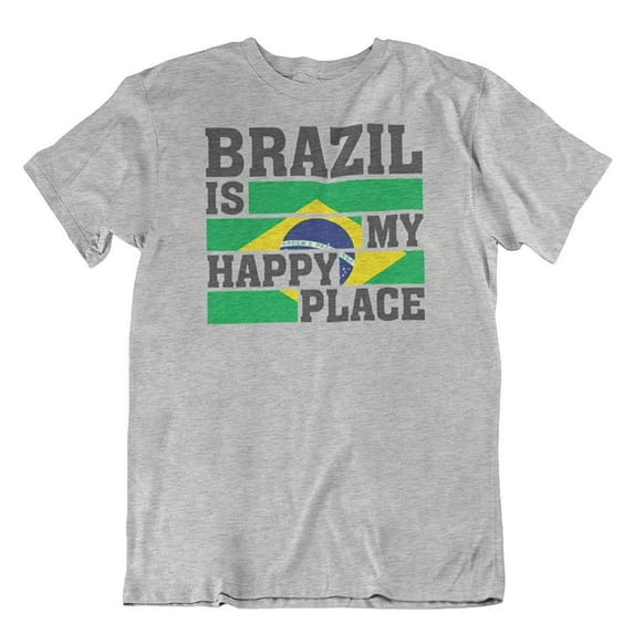 Brazil is My Happy Place Flag Art Sign Print T-Shirt Clothing Gift & Souvenir Light Grey