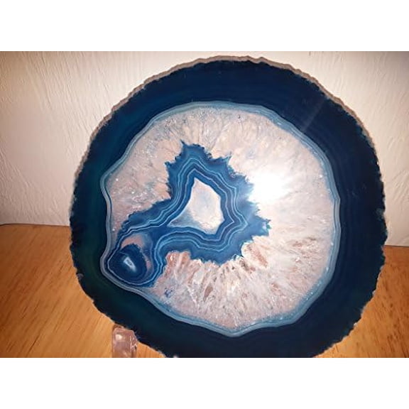 Brazilian Agate Geode Slice 6-7 inch with Lighted Acrylic Stand-Stained Glass by Mother Nature-Crystal Mineral Gemstone Rock (Blue)$$Home Decor, Kitchen, & Other