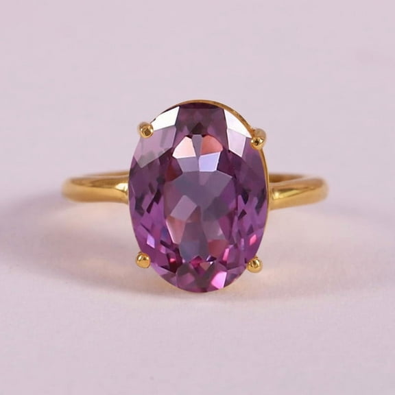 Brazilian Alexandrite Solitaire Ring, 925 Sterling Silver Yellow Plated Oval Cut Gemstone Ring, Stackble Ring, Wedding Band, Gift Gor Her