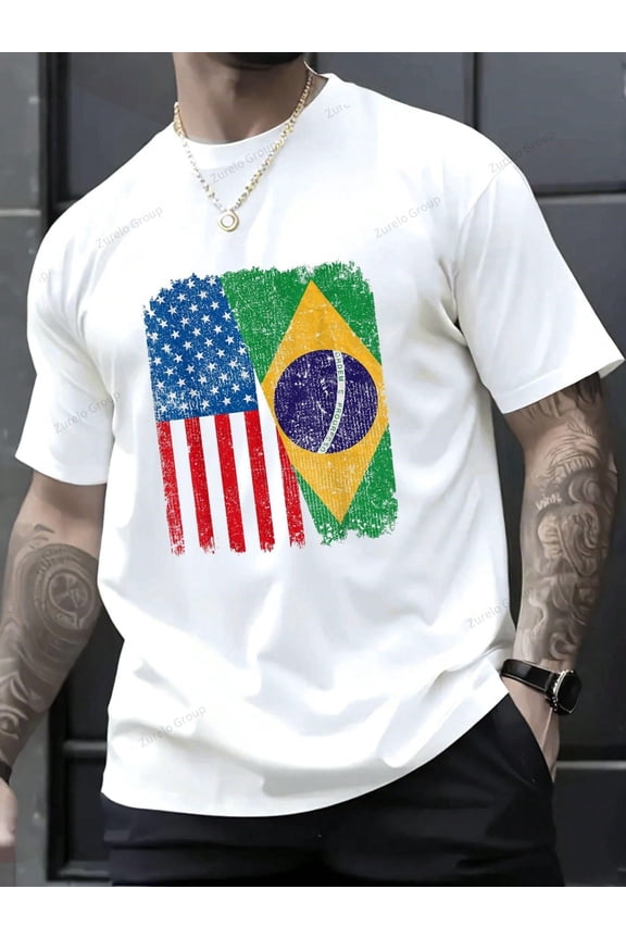 Brazilian American Flag Half USA Brazil Root Proud T-Shirt - 100% Cotton Summer Tops Graphic Tees, Y2K Clothes Graphic T Shirts For Men, Jamaica Nana Shirt Ropa De Hombre