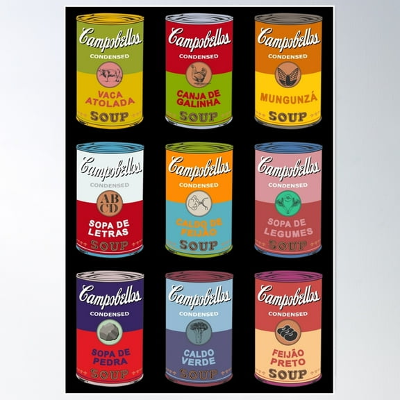 Brazilian Andy Warhol Soups - Campobellos Popart (On Black) Poster Wall Art, Modern Wall Decor For Living Room Bedroom, 8x12 UNFRAMED