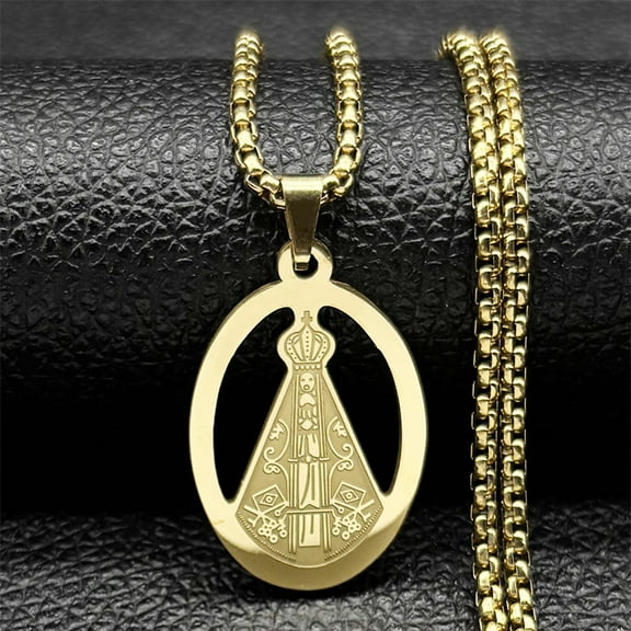 Brazilian Aparecida 14K Yellow Gold Necklace for Men Women Golden/Silver Color Blessed Virgin Mary Chain Jewelry