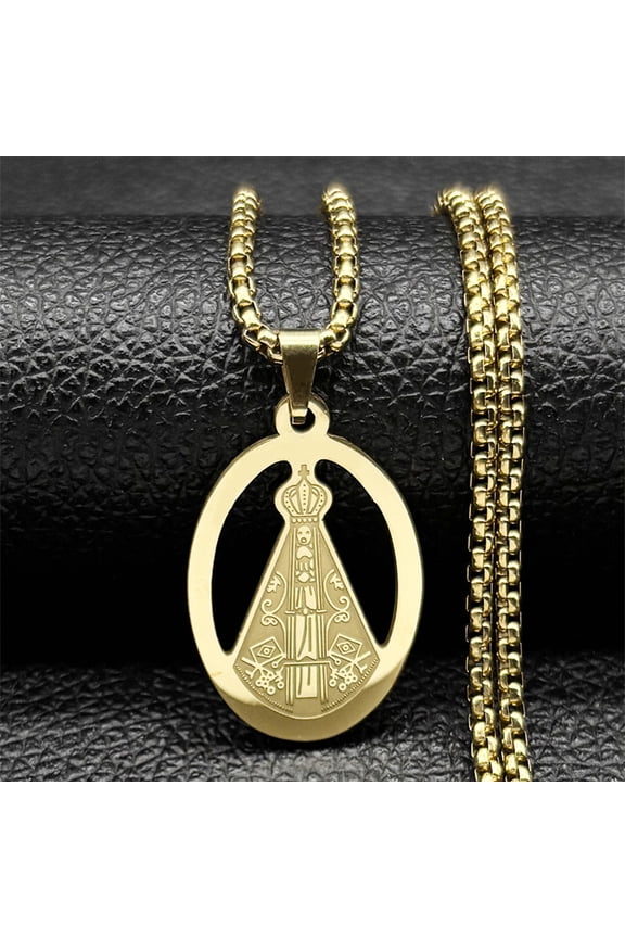 Brazilian Aparecida 14K Yellow Gold Necklace for Men Women Golden/Silver Color Blessed Virgin Mary Chain Jewelry