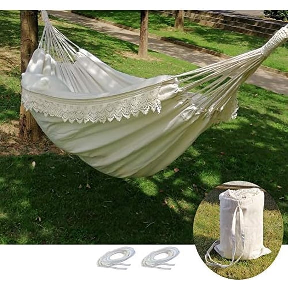 Brazilian Boho Large Fringe Swing Bed - Portable 2 Person Hammock for Patio, Porch, Backyard, Indoor with Carrying Bag, Tree Hammock - Soft Cotton Fabric White$$Garden & Patio