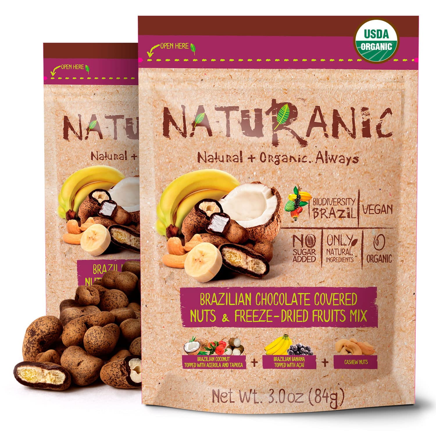 Brazilian Dark Chocolate Covered Snack Mix Brazil Nuts, Coconut, ze