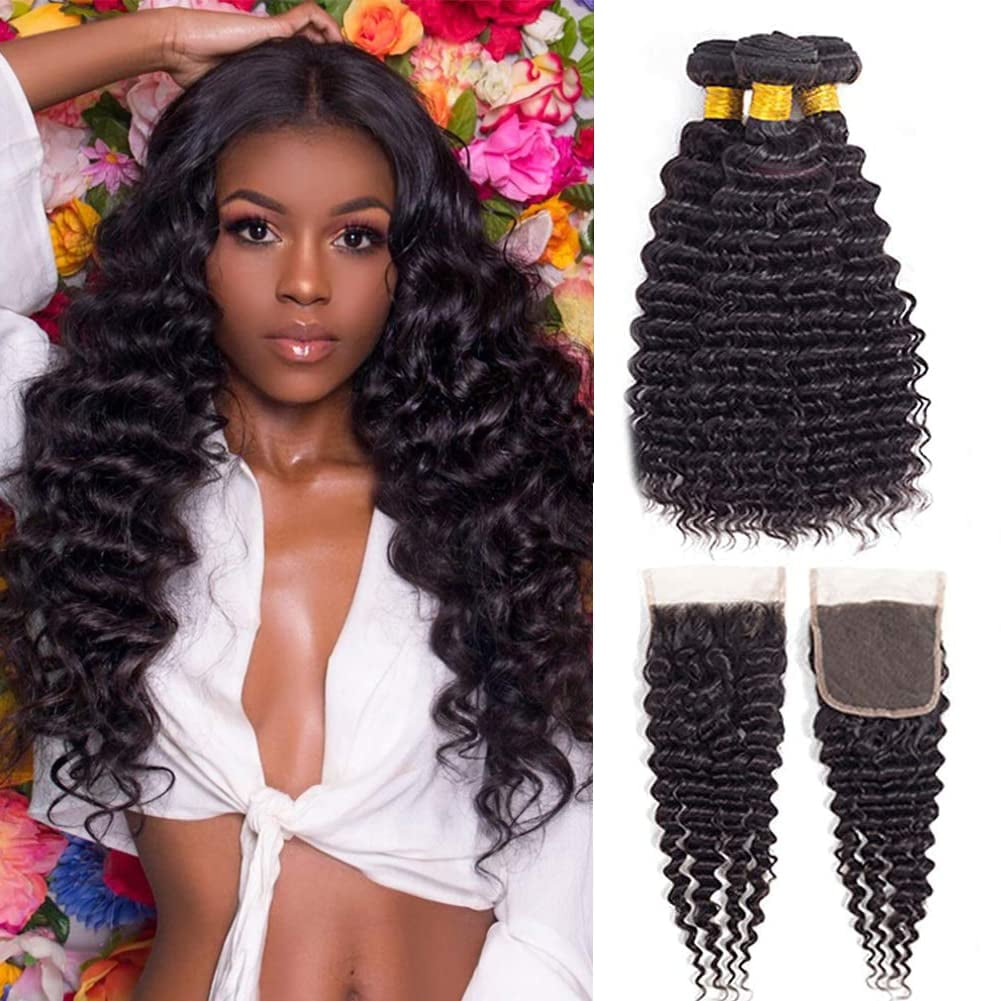 Brazilian Deep Wave 3 Bundles with Closure - Virgin Hair Deep Wave Human Hair Deep Curly Bundles with Lace Closure (22 closure+24 26 28)