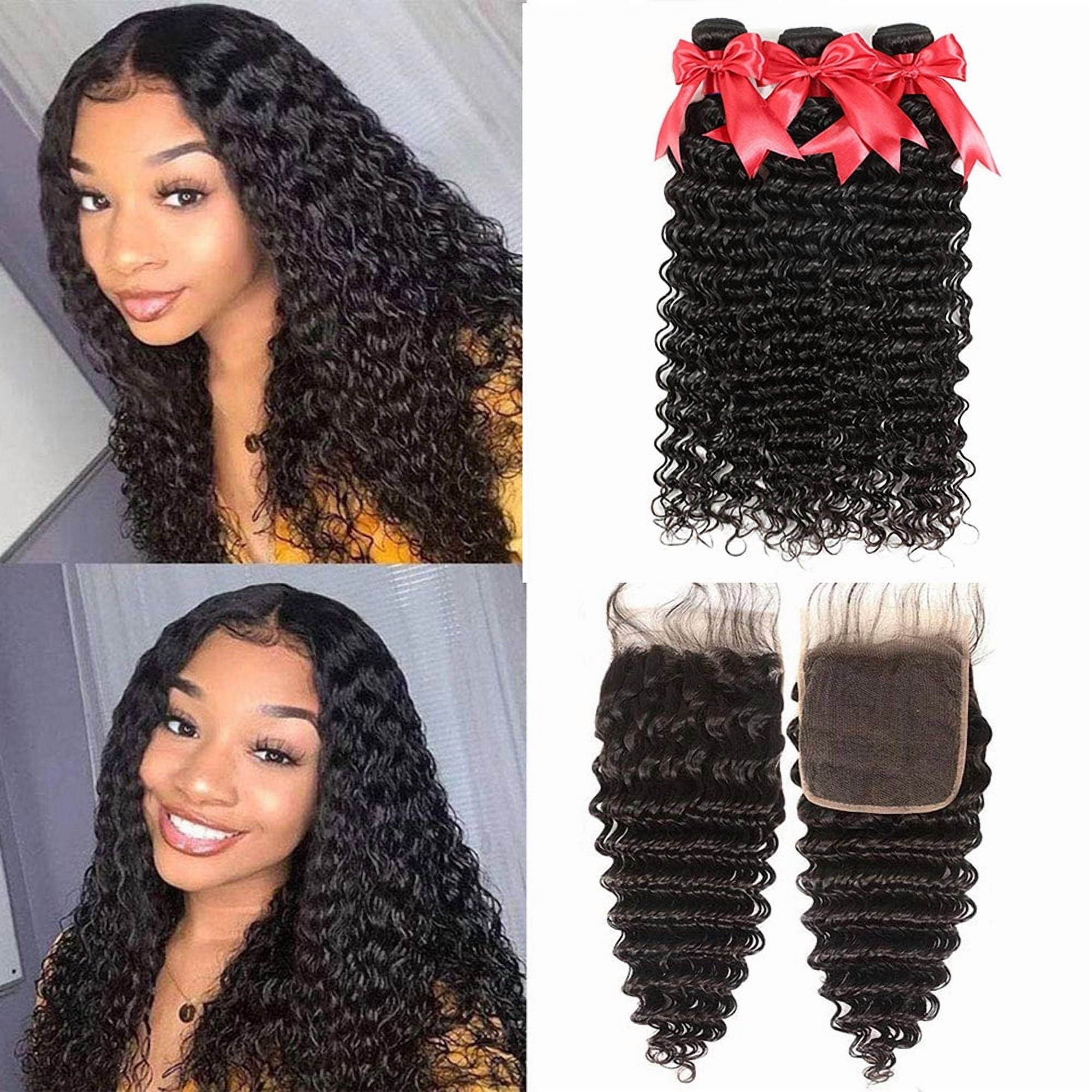 Brazilian Deep Wave Bundles with Closure 10A+ Brazilian Hair 100% Unprocessed Human Hair Extensions Bundles with Closure 4x4 Free Part Natural Black (18/18/18+16Inch)