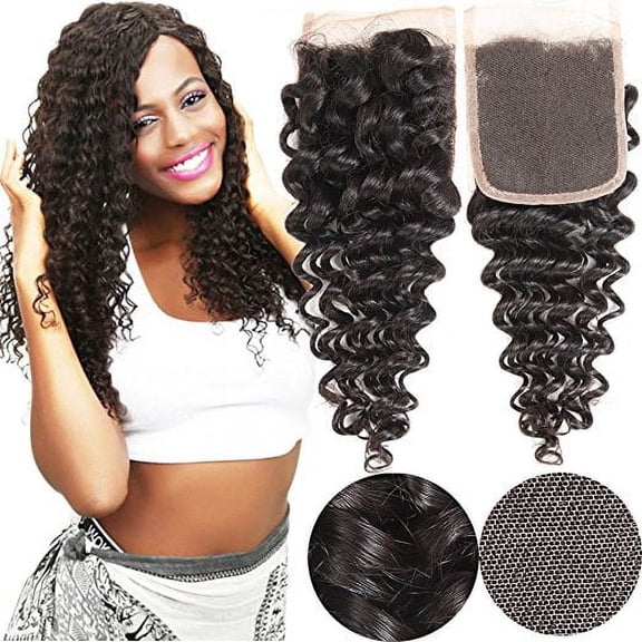 Brazilian Deep Wave Closure Unprocessed Human Hair Lace Closure (4X4) Natural Black Color 20Inch