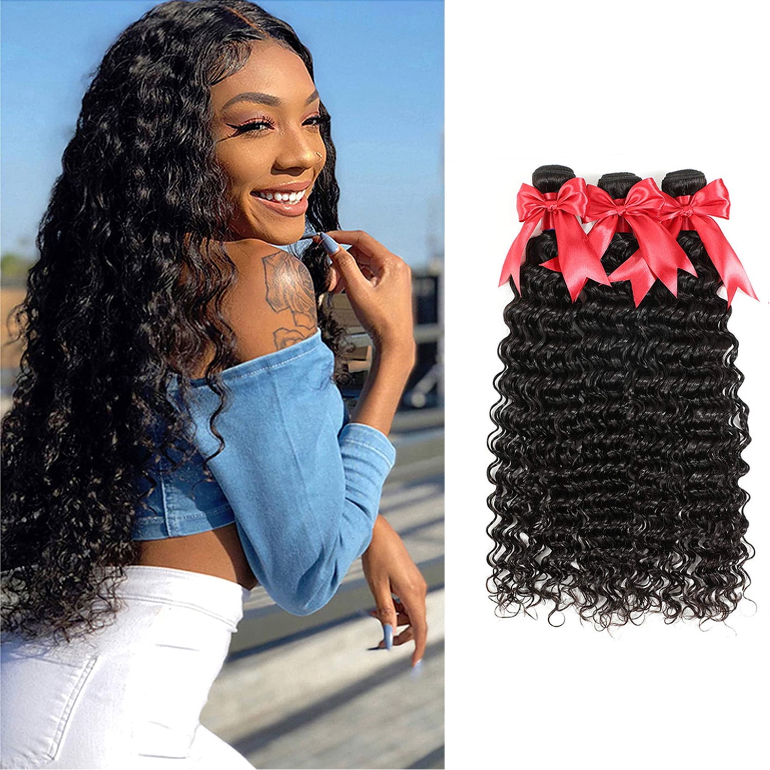 Brazilian Deep Wave Hair Bundles Unprocessed Human Hair Bundles 10A Brazilian Virgin Hair Deep Wave Bundles Natural Black (10"10"10")