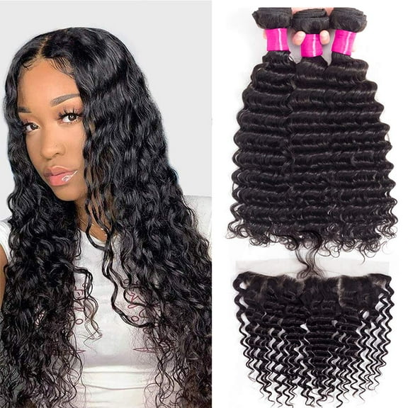 Brazilian Deep Wave Human Hair Bundles with Frontal Free Part 13x4 Ear To Ear with Baby Hair 100% Unprocessed Virgin Brazilian Human Hair( 16"18"20"with 14" Frontal)