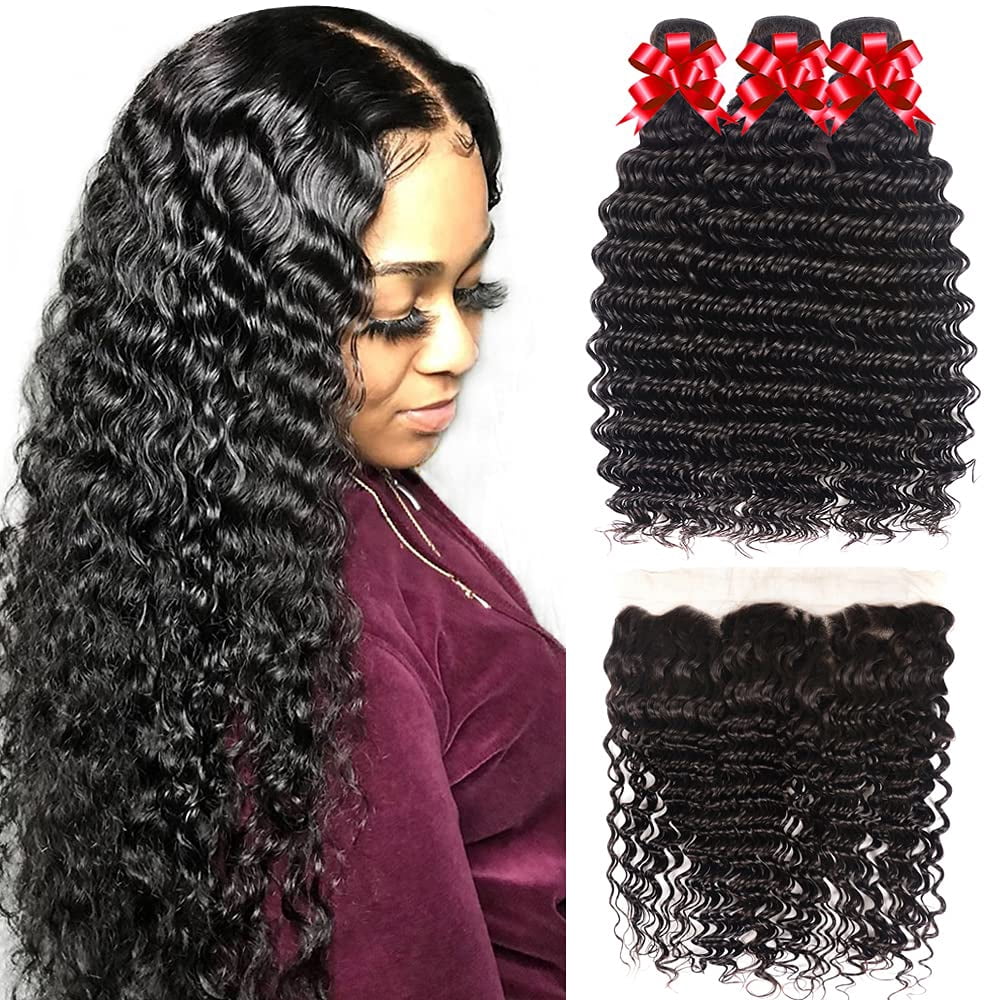 Brazilian Deep Wave Human Hair Bundles with Frontal Free Part 13x4 Ear To Ear with Baby Hair 100% Unprocessed Virgin Brazilian Human Hair(20" 22"24"with 18" Frontal)