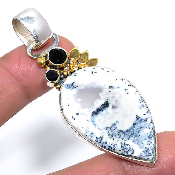 Brazilian Dendritic Opal & Black Onyx Two Tone 925 Sterling Silver Pendant 2.55" T97, Beautiful Jewelry For Woman & G, New Year Sale, Valentin's Day G