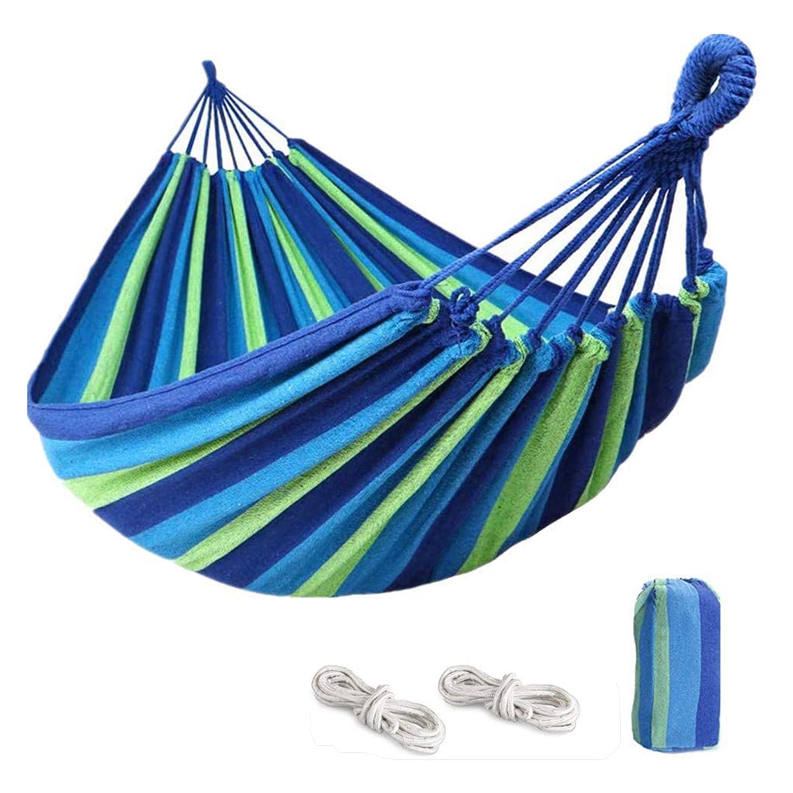 Single Hammock - Extra-Long 1Person Portable Hammock Bed for Indoor or Outdoor Spaces - Hanging Rope, Carrying Pouch Included (Blue/Green Stripes)