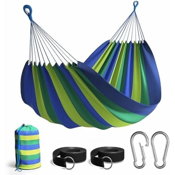 Brazilian Double Hammock - Extra-Long 2 Person Portable Hammock Bed for Indoor or Outdoor Spaces - Hanging Rope, Carrying Pouch Included (Blue/Green Stripes)