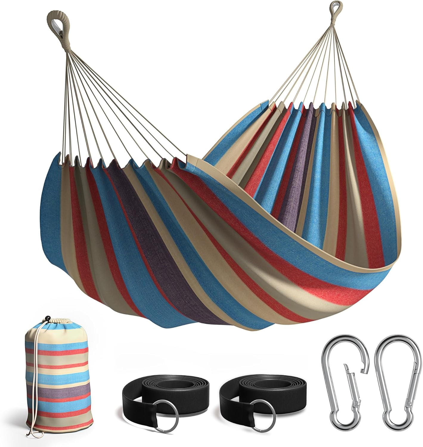 Brazilian Double Hammock - Extra-Long Two Person Portable Hammock Bed for Indoor or Outdoor Spaces - Hanging Rope, Carrying Pouch Included (Blue/Sand/Purple/Red Stripes)