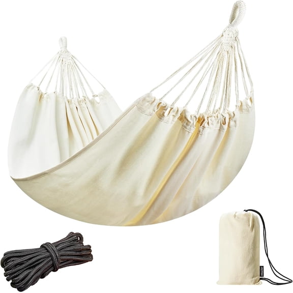 Brazilian Double Hammock with Hanging Ropes Extra Large 86.6 x 59 Inches Portable Cotton Polyester Blend for Outdoor Indoor Use 450 LBS Capacity Natural White