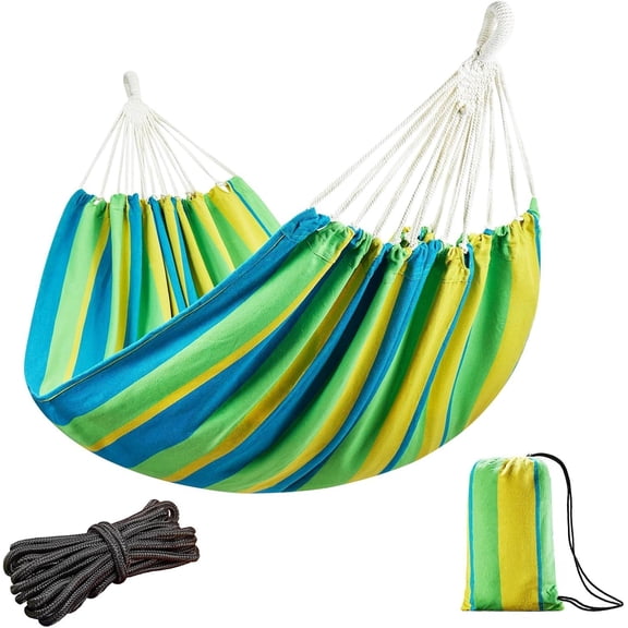 Brazilian Double Hammock with Ropes 86.6x59" Portable Hammock for Patio Backyard Porch 450LBS Weight Capacity for Outdoor/Indoor - Light Green/Yellow Stripe