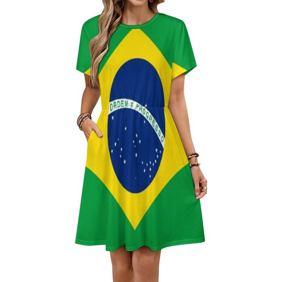 Brazilian Flag Dress Summer Street Style Dresses Female Short Sleeve Printed Sundress