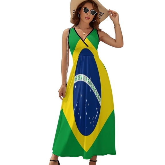 Brazilian Flag Womens Night Club Maxi Dress V Neck Sleeveless Bohemia Long Dresses