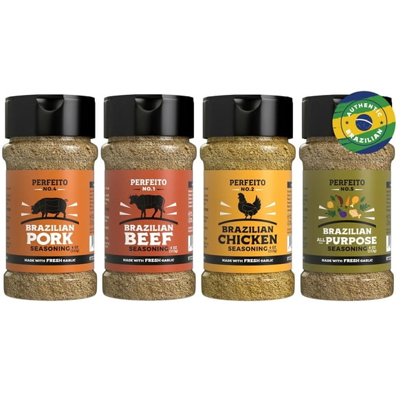 Authentic Brazilian Beef, Chicken, Pork & All-Purpose Seasoning Set, Gluten-Free, Sugar-Free, 4-Pack – Perfeito