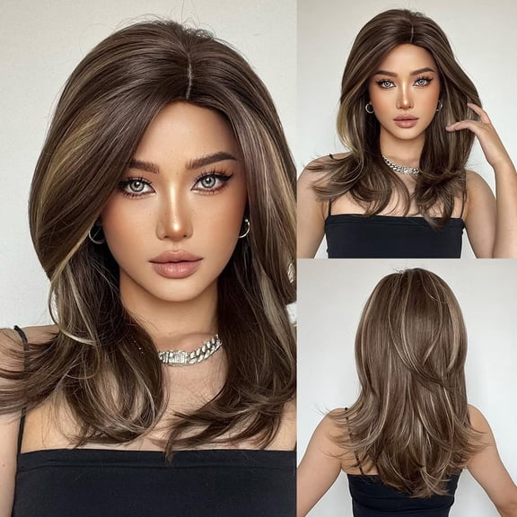 Brazilian Hair Women's Wig High Quality Synthetic Silk 26 Inch Gradient Brown Party Long Wig Medium Length Curly hair