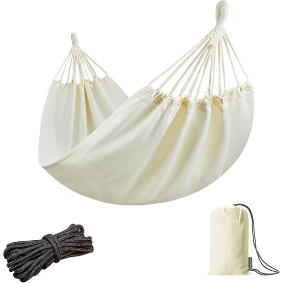 Brazilian Hammock for Single Person - 78.8x39.4 Portable Cotton with Hanging Ropes & Carry Bag Large Patio 300LBS Capacity Perfect Outdoor/Indoor Natural White