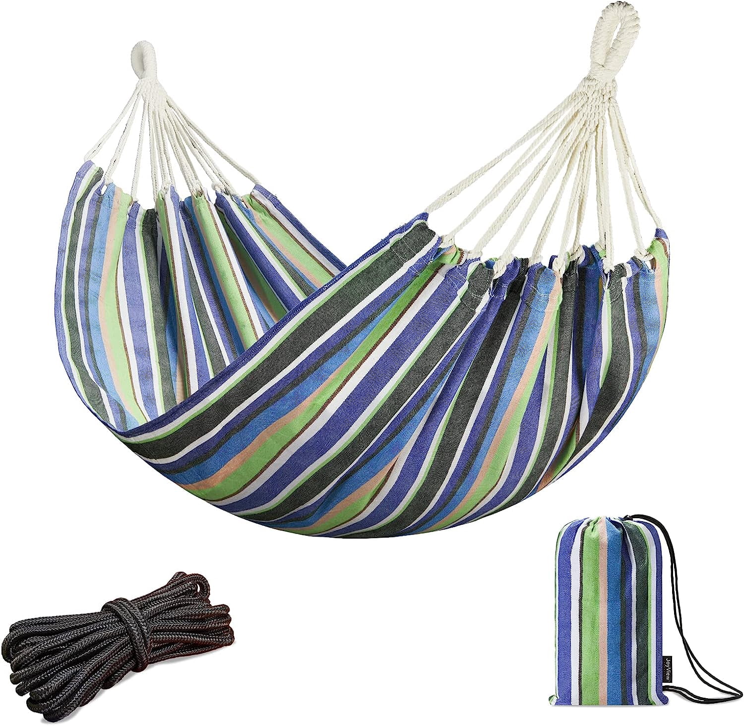 Brazilian Hammock for Single Person Portable Hammock with Hanging Ropes & Carry Bag Large 78.8x39.4” for Patio 300LBS Capacity Perfect for Outdoor/Indoor - Blue & Green Stripes
