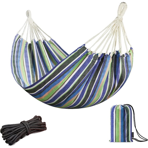 Brazilian Hammock for Single Person Portable Hammock with Hanging Ropes & Carry Bag Large 78.8x39.4” for Patio 300LBS Capacity Perfect for Outdoor/Indoor - Blue & Green Stripes