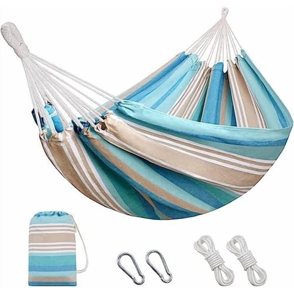 Brazilian Hammock with Tree Straps - Canvas Hammocks Portable Hammock with Carry Bag for Backyard, Porch, Outdoor and Indoor Use Blue & Green