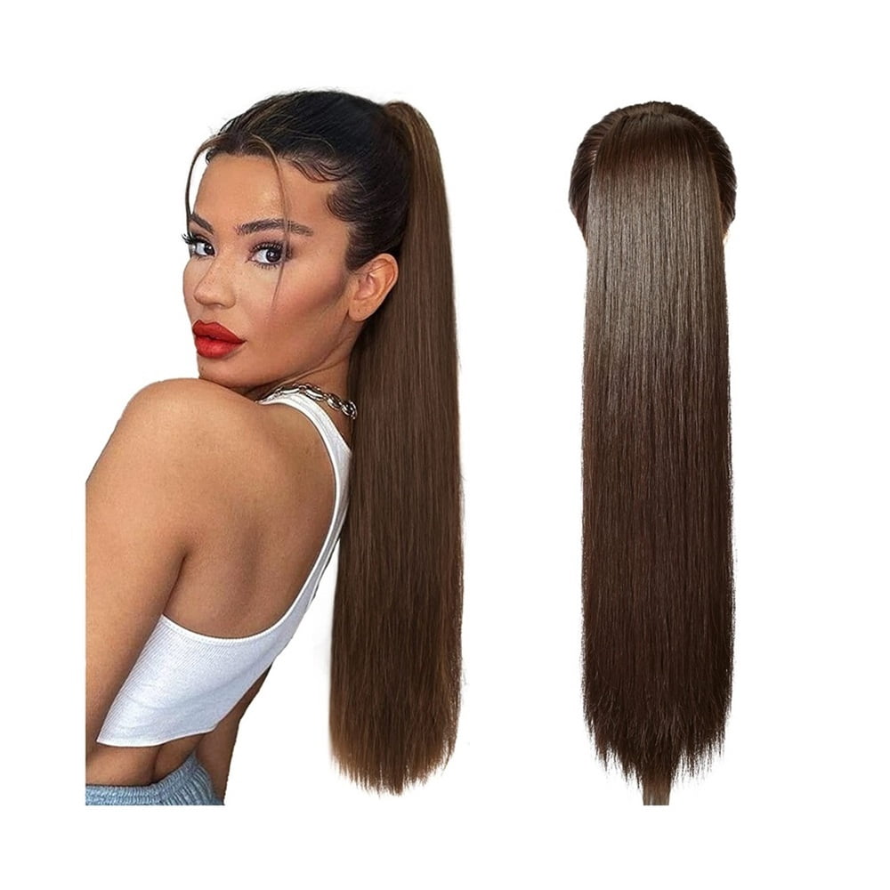 Brazilian Human Hair Ponytail Hairpiece 16-26 Inch Long Straight Drawstring Ponytail Extensions #4 Medium Brown