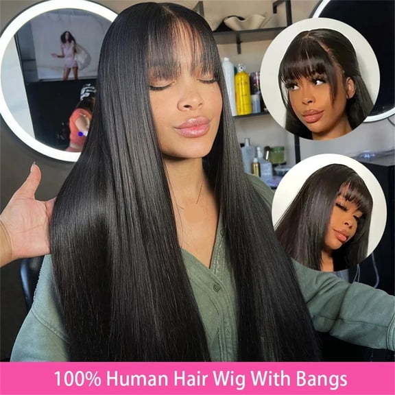 Brazilian Human Hair Wigs with Bangs Machine Weft Straight Lace Wigs