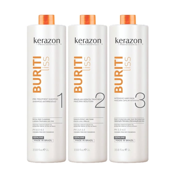 Brazilian Keratin Treatment Kit 34fl.oz/1L Tratamiento De Keratina Brasilera All Hair Types Buriti Liss by KERAZON Buriti Liss