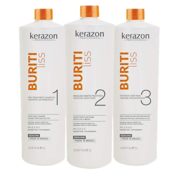 Brazilian Keratin Treatment Kit 34fl.oz/1L Tratamiento De Keratina Brasilera All Hair Types Buriti Liss by KERAZON Buriti Liss