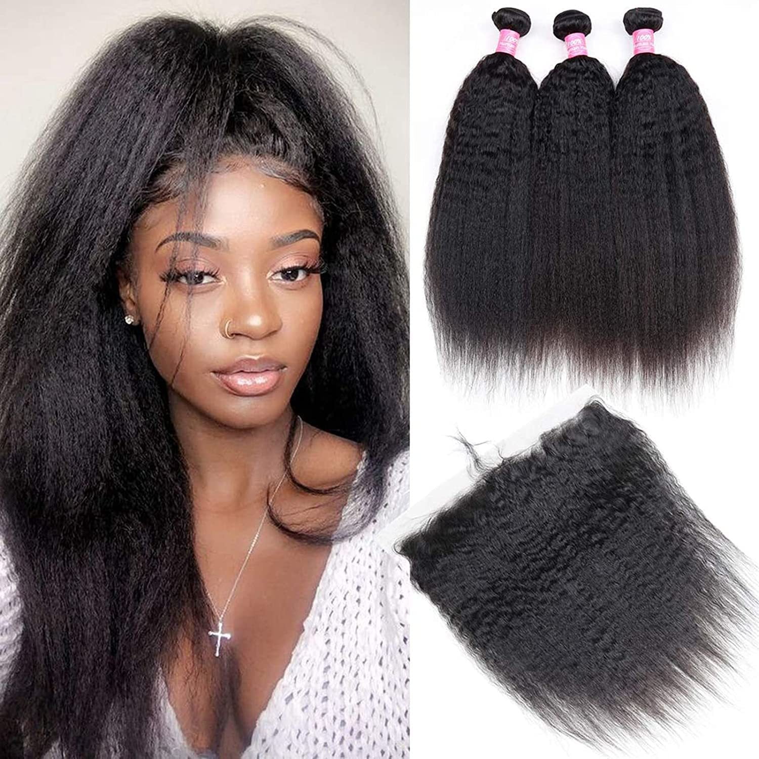 Brazilian Kinky Straight Human Hair Bundles With Frontal Free Part Ear to Ear Remy Sew in Hair Extensions Natural Black(16 18 20 with 14)