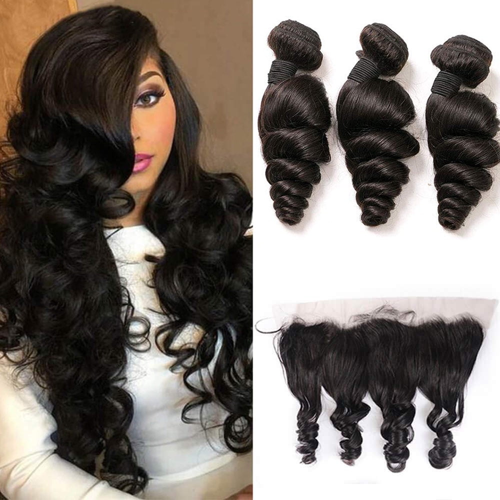 Brazilian Loose Body Wave Bundles with Frontal Virgin Human Hair Loose Curly Bundles with 13x4 Free Part Frontal Natural Color