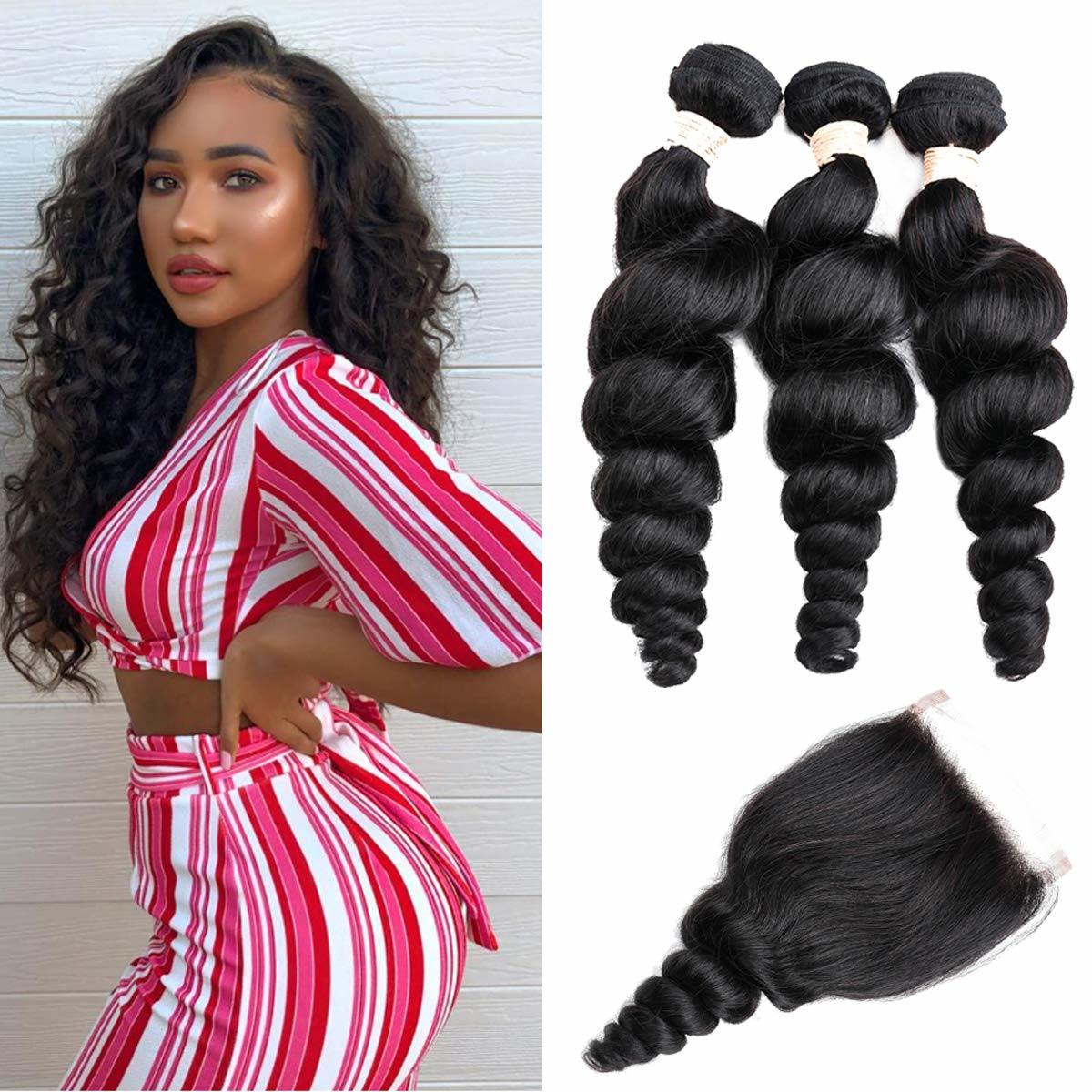 Brazilian Loose Wave 3 Bundles with Closure 4x4 Free Part Virgin Human Hair 10A 100% Unprocessed Human Hair Extensions Natural Color