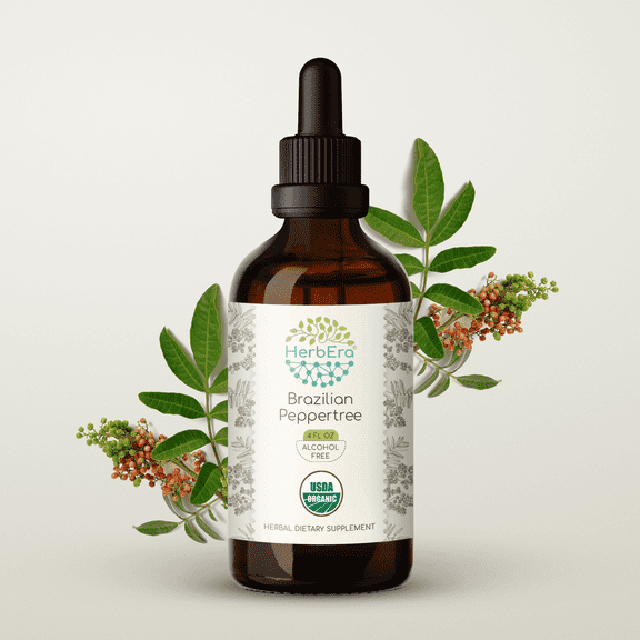HerbEra Brazilian Peppertree Tincture, Organic Herbal Dietary Supplement for Immune Support, Certified Organic Pink Peppercorn (Schinus terebinthifolius) Dried Fruit, Natural, Alcohol-Free, 4 oz