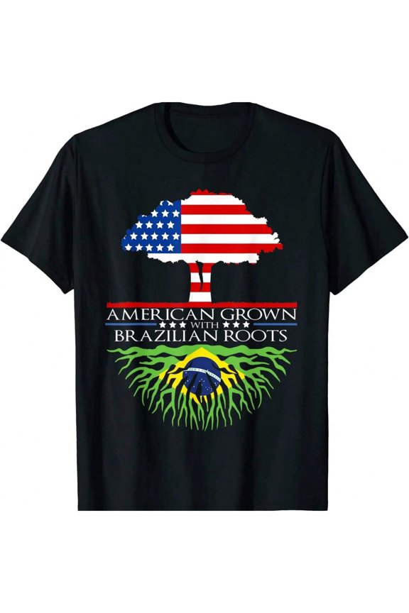 Brazilian Roots American Grown Tree Flag USA Brazil Men T-Shirt Short Casual 100% COTTON O-Neck Tshirt
