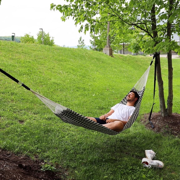 Brazilian Style Rope Hammock 34 Inch Wide Bed with Braided Ends Zinc Hardware 350 Lbs Capacity Blue Natural