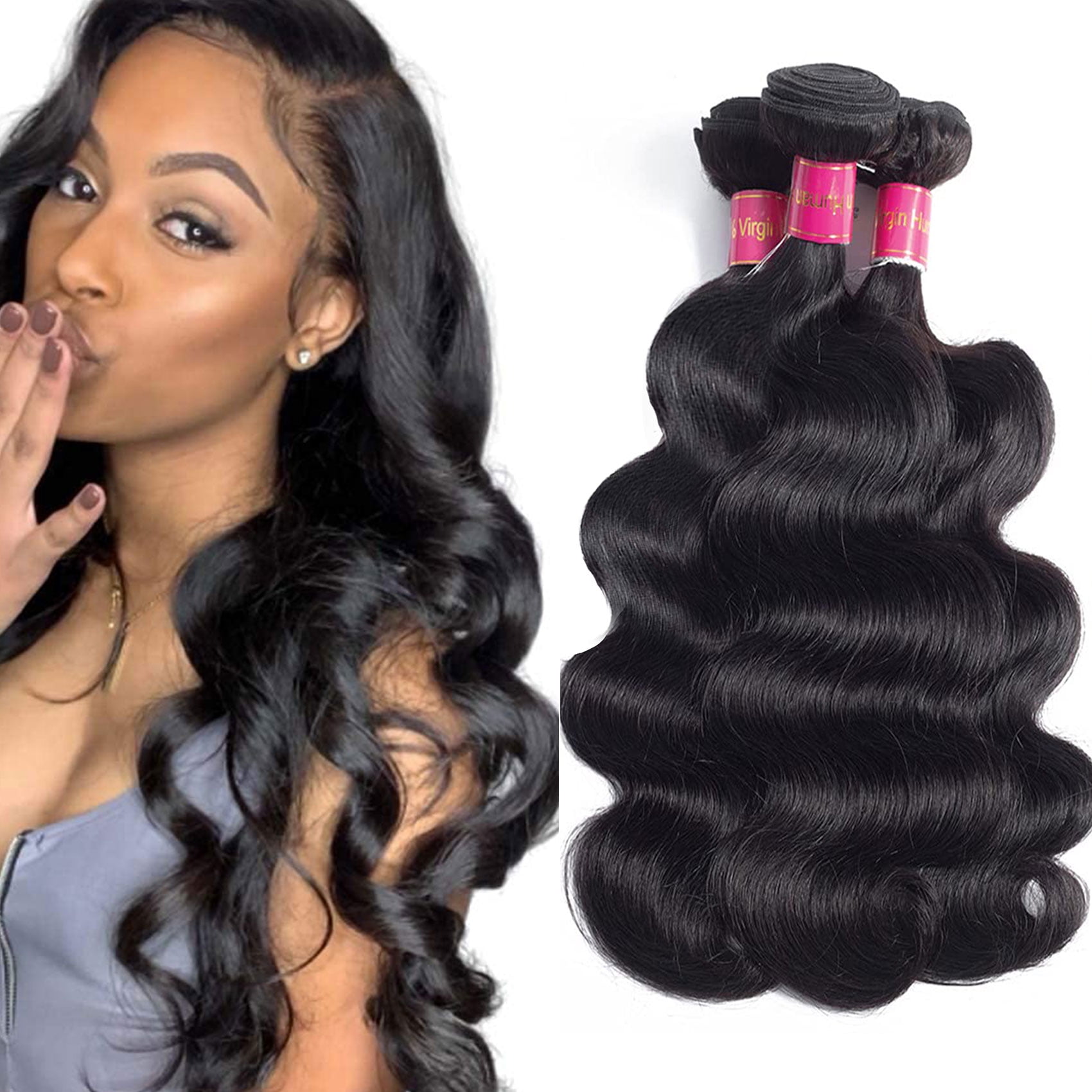 Brazilian Virgin Human Hair Extensions 3 Bundle Body Wave Hair Wave Weft Black Women 10A Grade(16"18"20")