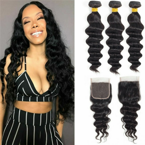 Brazilian Virgin Loose Wave Hair 3 Bundles 100% Unprocessed Remy Human Hair Weave Bundles with Free Part 4x4 Closure Natural Color 18"20"22" - Closure 20“