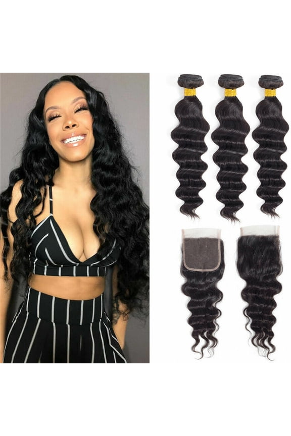 Brazilian Virgin Loose Wave Hair 3 Bundles 100% Unprocessed Remy Human Hair Weave Bundles with Free Part 4x4 Closure Natural Color 12"14"16“ - Closure 14"