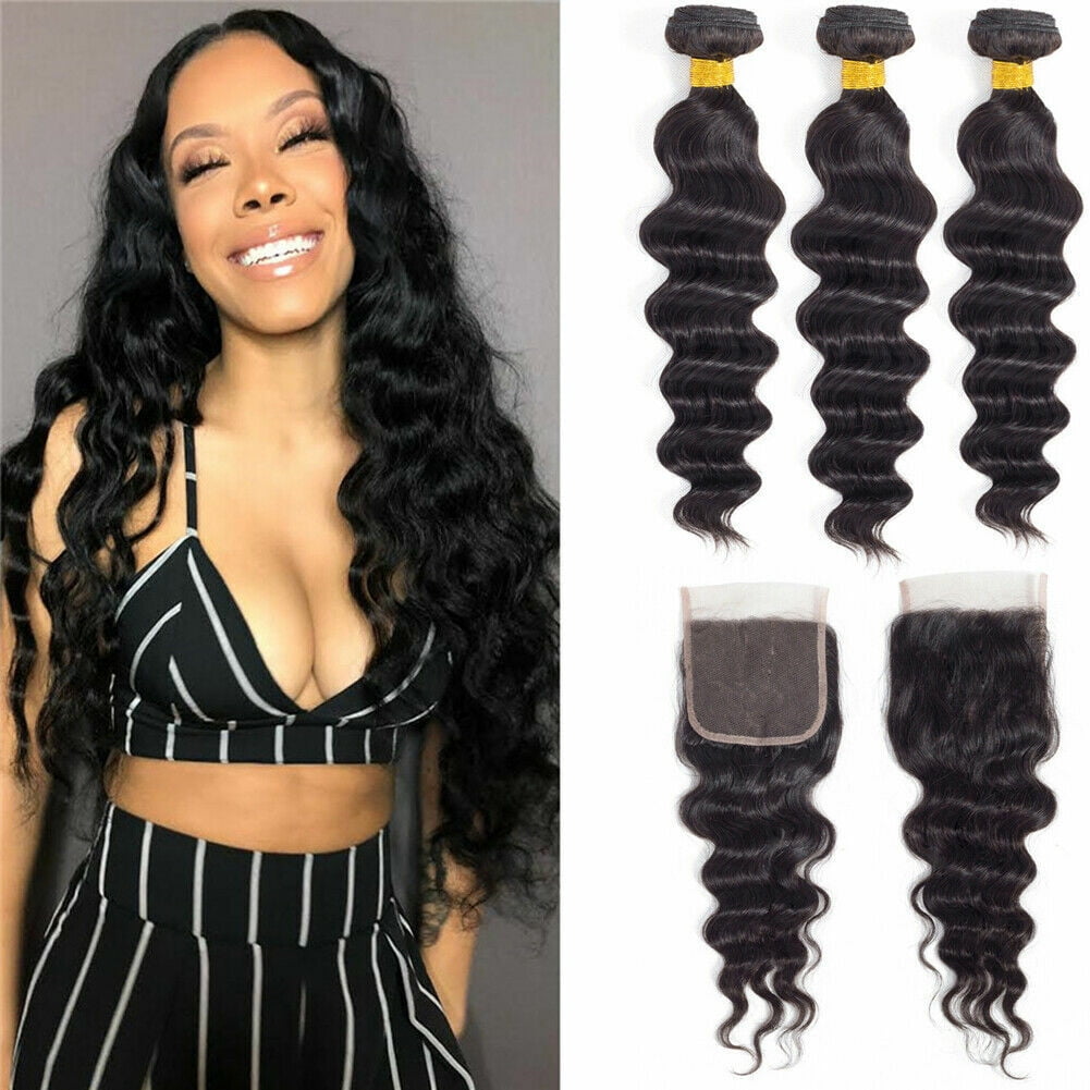Brazilian Virgin Loose Wave Hair 3 Bundles 100% Unprocessed Remy Human Hair Weave Bundles with Free Part 4x4 Closure Natural Color 22”24“26" - Closure 22"
