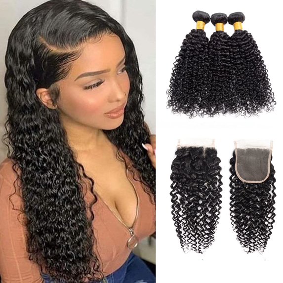 Brazilian Water Wave Bundles with Closure Human Hair Bundles with 4×4 Free Part Closure 100% Virgin Remy Curly Hair Bundles Natural Color