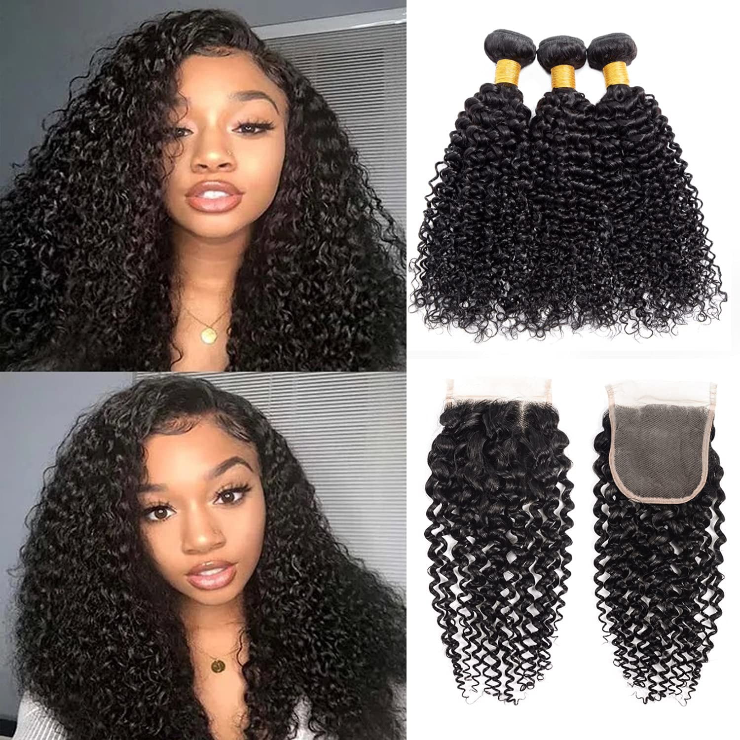 Brazilian Water Wave Bundles with Closure Human Hair Bundles with 4×4 Free Part Closure 100% Virgin Remy Curly Hair Bundles